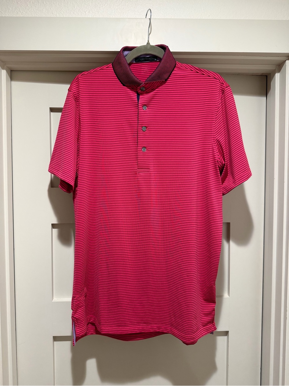 Greyson Golf Polo Men’s M Pink Navy Striped Performance Golf Shirt